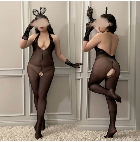 FEE ET MOI - Backless Halter Open Crotch Bodystocking (Plus Size - Black) FEE ET MOI - Backless Halter Open Crotch Bodystocking (Plus Size - Black)